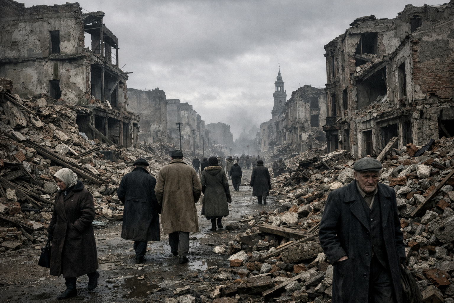Zniszczone polskie miasto lat pięćdziesiątych — atmosfera powojennej rzeczywistości