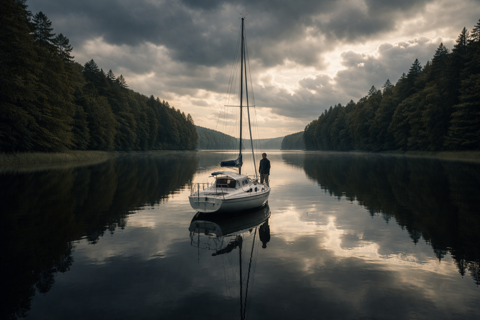 Żaglówka na spokojnym polskim jeziorze — zamknięta przestrzeń dramatu