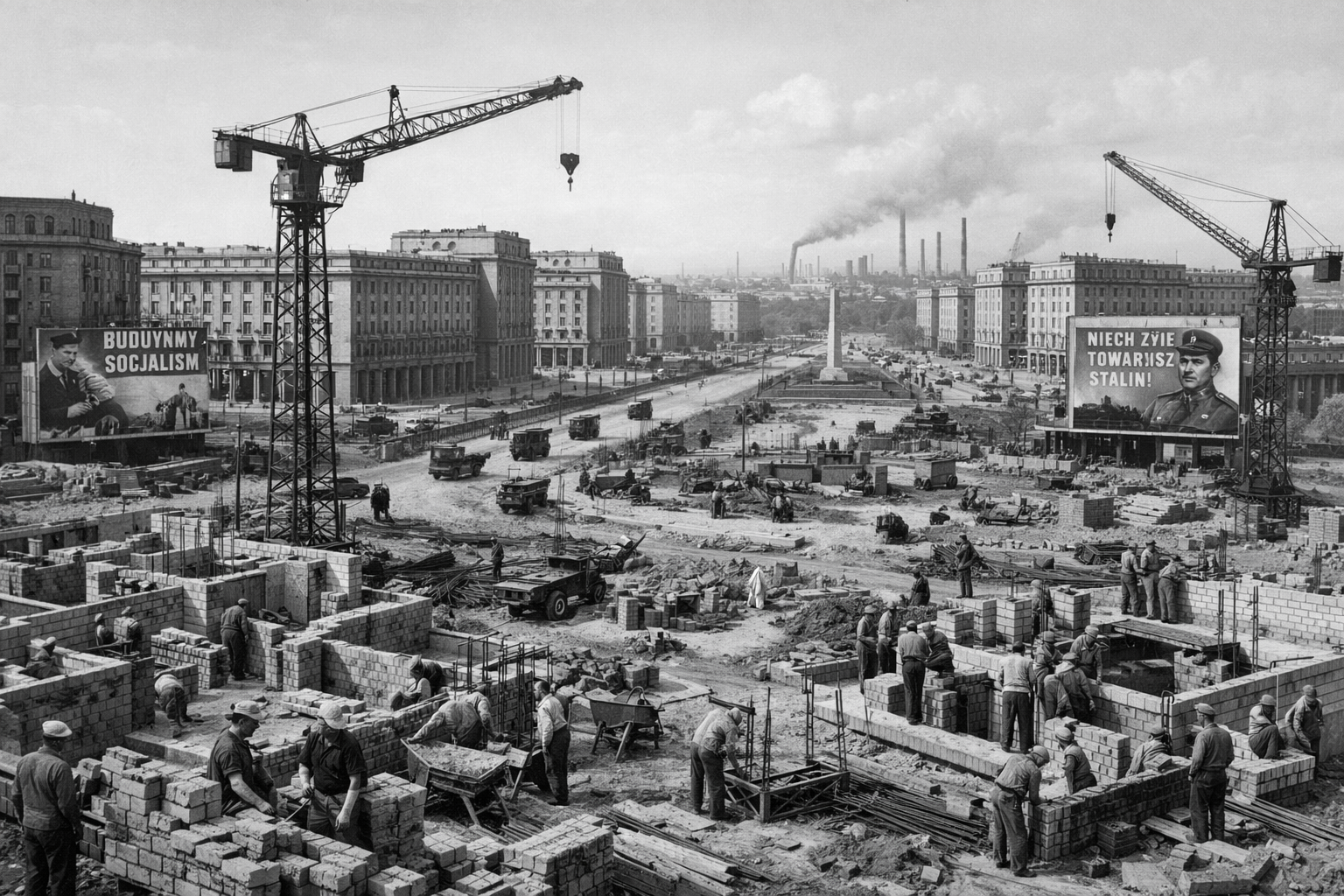 Panorama budowy Nowej Huty — monumentalna architektura socrealizmu jako tło propagandowego mitu