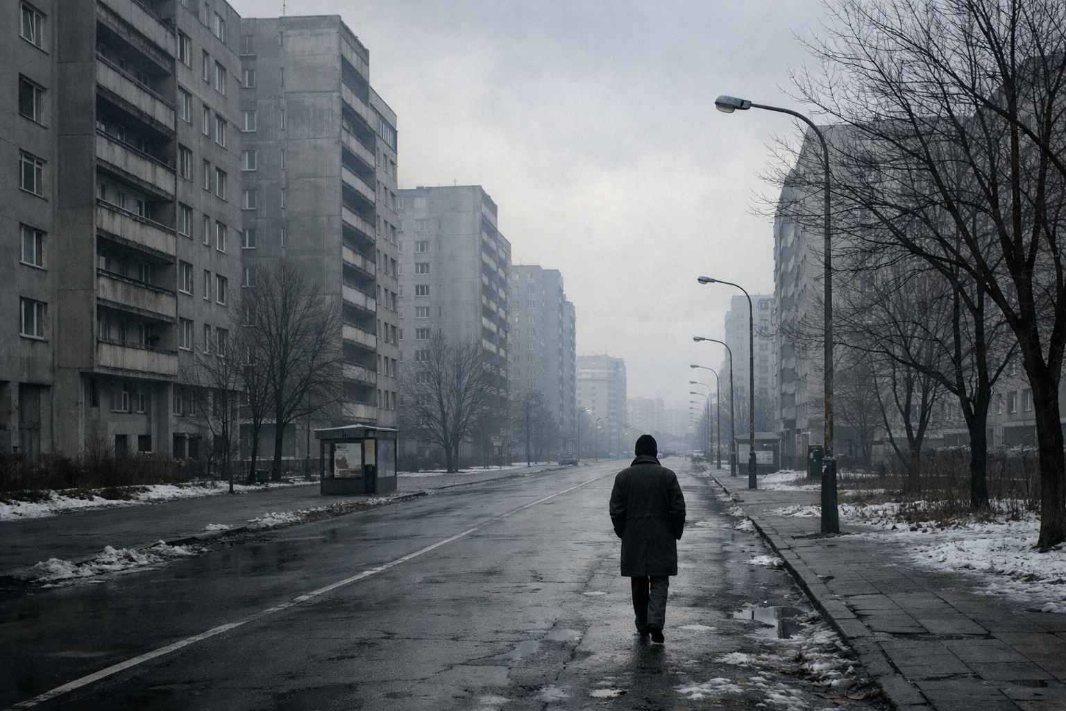 Szara Warszawa lat osiemdziesiątych — pusta ulica z blokami w tle, zimowe światło