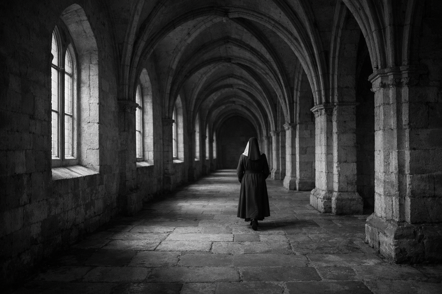 Klasztorny korytarz z łukowymi sklepieniami — ascetyczna przestrzeń filmu Idy