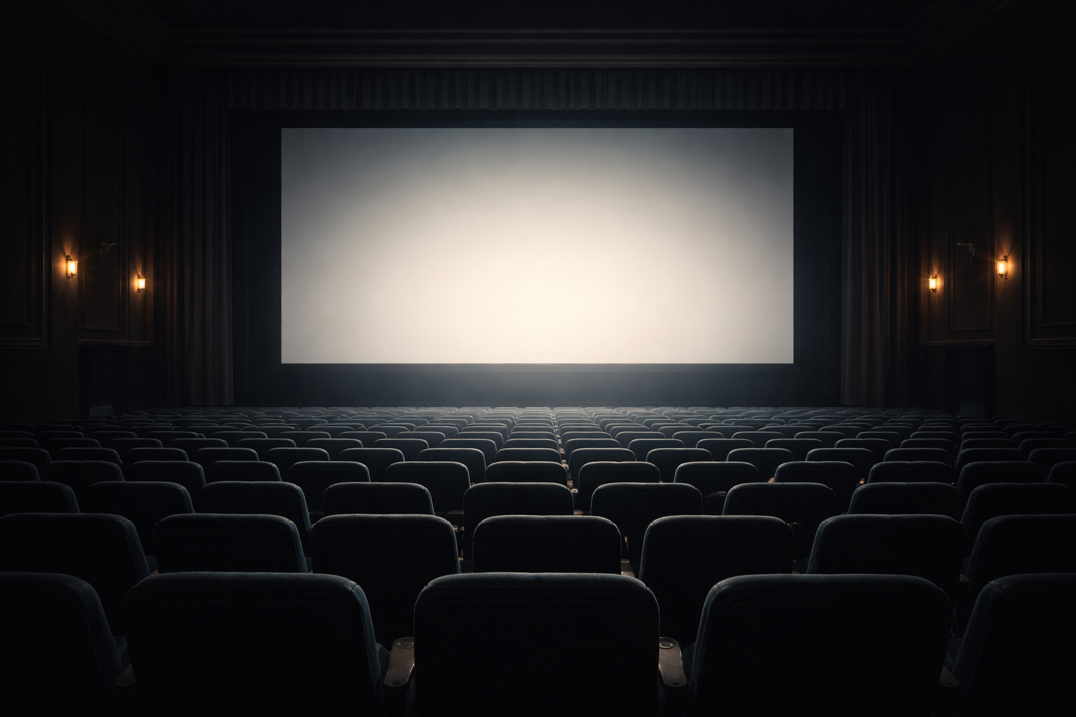 Ekran kinowy w ciemnej sali — blask rzucany na pustą widownię