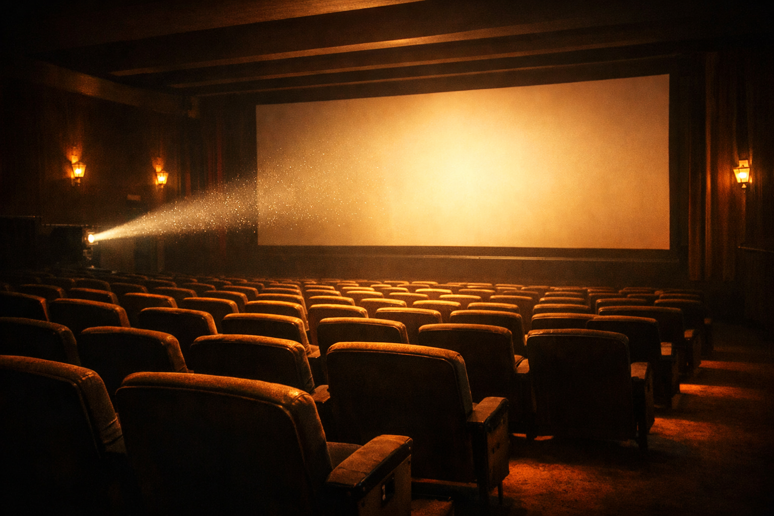 Ciemna sala kinowa z rzędami foteli oświetlona blaskiem ekranu
